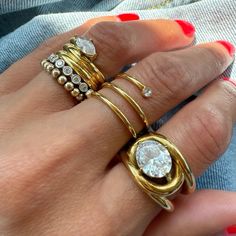 Gold Accent Rings, Massive Diamond Rings, 2 Tone Jewelry, Thumb Ring Aesthetic, Egyptian Engagement Rings, Layering Rings Gold, Round Bezel Engagement Ring Stack, Chunky Ring Gold, Designer Ring Stack