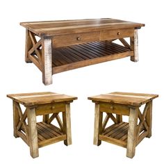 a wooden table with two benches underneath it