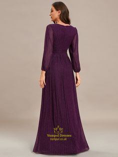 Purple Wisteria Maxi Chiffon V-Neck Long Sleeve Evening Gown Elegant Purple V-neck Gown, Elegant Purple Maxi Evening Dress, Purple Chiffon Maxi Dress For Evening, Elegant Purple Chiffon Gown, Purple V-neck Gown For Gala, Purple V-neck Maxi Dress For Prom, Elegant Purple V-neck Maxi Dress, Elegant Purple Floor-length Maxi Dress, Formal Purple Chiffon Maxi Dress