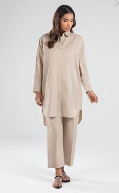 Description: Taupe ensemble featuring a modern silhouette perfect for everyday Color: Beige Fabric: Lawn Cut: Boxy Trouser: lawn Culotte Office Co Ord Set, Code Set Dress, Coords Set, Co Ords Outfits, Coord Sets, Dress Book, Cord Set, Coord Set, Modest Dresses Casual