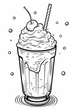 Delicious Milkshake with a Straw and a Cherry Coloring Page Milkshake Coloring Page, Milkshake Sketch, Milkshake Doodle, Drink Coloring Pages, Milkshake Drawing, Coloring Pages Food, Candy Drawing, Cute Dragon Drawing