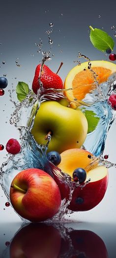 apples, oranges, blueberries and cherries are splashing into the water