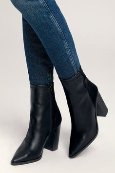 The Essex Black Mid-Calf Booties are so cute, you'll want to pair them with every outfit! Soft, vegan leather shapes a pointed toe upper, and rises into a fitted, 8"" shaft with a 9.5"" circumference and a zipper at instep, and contrasting vegan suede heel. Pair these essential boots with a mini skirt for a chic look! 3. 75" stacked wood-look block heel. Lightly cushioned insole. Felted rubber sole has nonskid markings. All Man Made Materials. Imported. Lulus | Essex Black Mid-Calf Booties | Siz Block Heel Boots Outfit, Black Booties Outfit, Black Block Heel Boots, Muslim Clothes, Trendy High Heels, Womens Suede Boots, Womens Black Booties, Vegan Boots, Sunglasses Collection