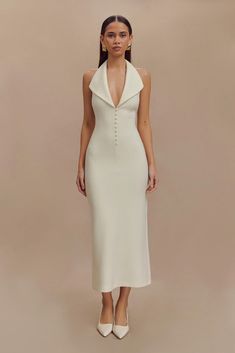 Annita Crepe Halter Midi Dress - Ivory | MESHKI U.S Meshki White Dress, Bridal Welcome Party Outfit, Graduation Outfits For Women Classy, Casual Wedding Reception Outfit, Short Elegant Dresses Classy Chic, Simple Engagement Dress Classy, White Midi Dress Classy, Pinning Ceremony Outfit, Elegant Dress To Impress Outfit