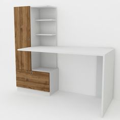 a white desk with wooden drawers and shelves