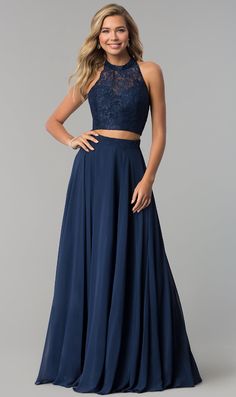 Color: Navy Neckline: High-Neck Silhouette: 2-Piece / A-Line Fabric: Lace / Chiffon Brand: Clarisse Style #: 3427 Bridesmaid Essentials, Two Piece Bridesmaid Dresses, 2 Piece Formal Dresses, Two Piece Formal Dresses, Prom Dress With Lace, Celebrity Prom Dresses, 2 Piece Prom Dress, Stunning Bridesmaid Dresses, Long Formal Gowns