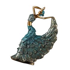 a metal figurine with a blue dress on it's body and gold accents