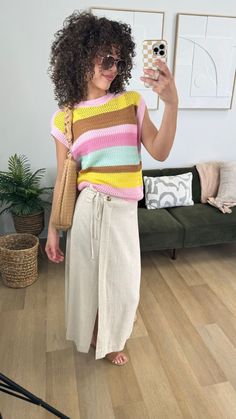 linen wrap maxi skirt and bright striped short sleeved knit top. Great for vacation, date night, church, or any time you need an easy elevated ootd. Top is linked! Spring Crew Neck Sweater For Vacation, Crew Neck Sweater For Vacation In Spring, Crew Neck Sweater For Spring Vacation, Multicolor Summer Sweater For Layering, Multicolor Layering Sweater For Summer, Spring Vacation Crew Neck Knit Top, Spring Vacation Knit Top With Crew Neck, Non-stretch Spring Knit Top, Casual Multicolor Knit Top For Spring