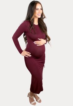 High-Low Maternity Dress with Long Sleeves - Sexy Mama Maternity This high-low maternity dress is sexy, flattering and available in black, taupe and burgundy! With a ruched side, a tie high-low bottom and a stretch fabric this dress is perfect for you and your growing bump. Designed specifically with mama curves in mind! It hugs all the right places and still provides ultimate comfort. Perfect to wear throughout all nine months of pregnancy and beyond! Fitted Solid Color Maternity Dress, Maternity Fall Dresses, Bump Friendly, Fall Maternity Dresses Bump Friendly, Fall Maternity Bump Friendly Dresses, Solid Color Fitted Maternity Dress, Stretch Maternity Dresses For Fall, Fitted Maxi Maternity Dress, Fitted Maxi Length Maternity Dress, Fall Maternity Stretch Dress