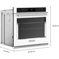 an oven with its door open and measurements on the side showing it's size