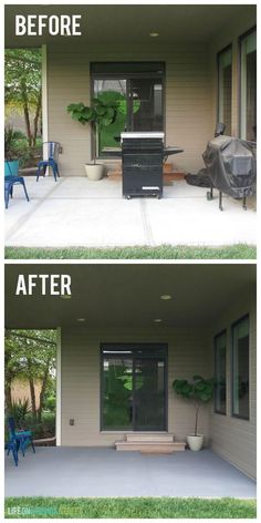 the before and after photos of a patio