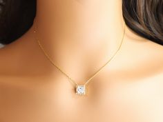 This dainty square necklace is a great finishing piece to any outfit whether it is casual or dressy. This gold plated square necklace also makes wonderful gift for your loved ones. This CZ Diamond necklace is a statement piece! It was carefully plated with 18K gold and it will last longer than any other gold plated jewelry. ❤ All products are made with high-quality material to give them the best durability and stylish appeal. ❤ MATERIAL:  18K Gold Plated over brass Cubic Zirconia - best quality Wedding Solitaire Necklace With Square Pendant, Elegant Square Necklaces With Adjustable Chain, Elegant Square Necklaces For Anniversary, Elegant Square Wedding Necklaces, Elegant Square Wedding Necklace, Elegant Square Pendant Solitaire Necklace As Gift, Elegant Gold Jewelry With Square Cut, Dainty Square Pendant Necklace For Formal Occasions, Elegant Square Cut Gold Jewelry