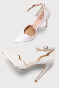 Nothing makes us more excited than going out and showing off our style with the Lulus Kimo White Scalloped Pointed-Toe Ankle Strap Pumps! Smooth faux leather shapes these chic heels that feature a pointed-toe upper, a scalloped collar, and a matching scalloped heel cup, that supports a slender ankle strap with a silver buckle. A sultry stiletto heel completes the sophisticated look! 4" wrapped stiletto heel. Cushioned insole. Rubber sole has nonskid markings. Man made materials. Imported. Lulus Elegant Ankle Wrap Heels In Synthetic Material, Elegant Ankle Wrap Heels In Synthetic, Elegant Synthetic Ankle Wrap Heels, Chic Ankle-high Synthetic Heels, Elegant Spring Ankle Wrap Heels, Fitted Faux Leather Heels With Ankle Strap, Chic Ankle Wrap Heels With Sculpted Heel, Chic Ankle-high Faux Leather Heels, Chic Spring Faux Leather Heels