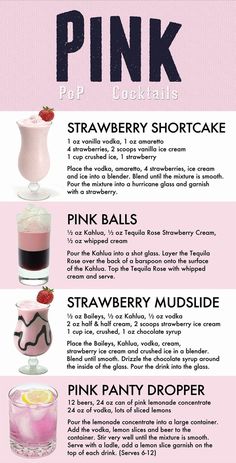 the pink cocktail recipe is shown in this graphic style, and includes different types of drinks