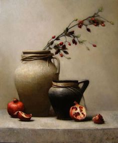 a painting of a vase and pomegranates on a ledge