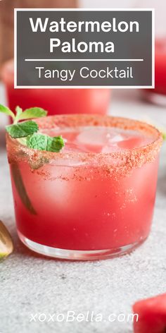 the watermelon paloma cocktail is garnished with mint