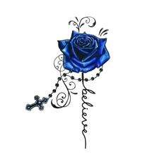 a drawing of a blue rose with a cross hanging from it's side, on a white background