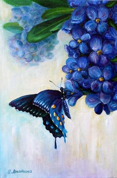 a painting of blue flowers and a butterfly