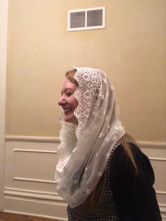 White scalloped lace infinity veil. Simple trim, fully covering. Clip sewn in. White Fitted Lace Veil, Fitted White Veil, Wedding Veil With Delicate Lace, Fitted White Lace Veil, White Crochet Lace, Church Lace Veil With Lace Work, Traditional White Veil, Wedding Veil With Lace Work, Lace Trim Veil