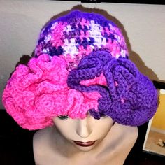 Handmade Ruffle Hat Adjustable Pink Hat With Ruffles, Purple Whimsical Winter Hat, Whimsical Purple Winter Hat, Pink Spring Hat With Ruffles, Pink Ruffled Hat For Spring, Spring Pink Hat With Ruffles, Handmade Purple Beanie Hat, Purple One Size Beanie Hat, Purple Beanie Hat, One Size