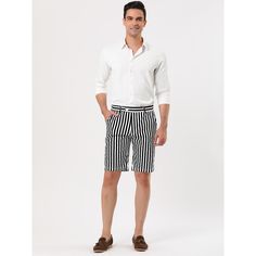 These chino shorts feature vertical stripes all over, slanted front pockets, welt pockets, and a zip fly. Perfectly match with your daily shirts or casual sneakers. Suitable for office, business, or daily wear. Also, a good choice in warm weather. Slim fit and smart look, splendid for leisure, daily, outdoor, vacation, beaches, etc. White Cotton Shorts With Vertical Stripes, White Vertical Striped Shorts, White Vertical Stripes Shorts, Mens Denim Shorts, Outdoor Vacation, Mens Shorts Summer, Summer Stripes, Pants White, Shorts White