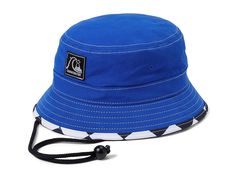 Quiksilver Heritage Boonie - Caps : Monaco Blue : Commence on outdoor escapades with the Quiksilver Heritage Boonie Hat, your companion for style and sun protection. Crafted with an EVA foam-lined brim, it offers comfort alongside shielding from the sun. A high-definition woven label adds sophistication, while the contrast print underbrim injects playful style. Secure your fit with the drawcord and adjustable toggle. 100% cotton. Brand logo on the front. Imported. Blue Summer Hiking Hat, Summer Blue Bucket Hat With Uv Protection, Blue Brimmed Bucket Hat With Uv Protection, Adjustable Blue Bucket Hat, Blue Outdoor Bucket Hat With Upf 50+, Eva Foam, Woven Labels, Sun Hats, Monaco