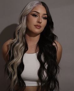 Dark Ombre With Money Piece, Black On Blonde Hair, Dark Split Dyed Hair, Blonde Hair Black Money Piece, Elder Emo Hairstyles, Dark And White Hair, Black And Blonde Extensions, Black Hair With Platinum Money Piece, Hair Color Ideas Half And Half