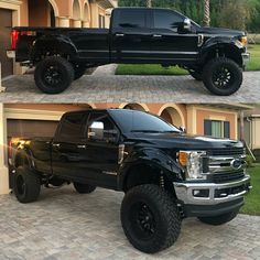 two pictures of a black truck parked in front of a house