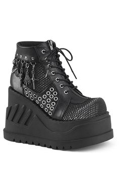 STOMP-18 Black Vegan Leather Boots-Demonia-Tragic Beautiful Hanging Charms, Goth Boots, Perfect Sneakers, Gothic Shoes, Wedge Bootie, Black Platform Boots, Lace Up Wedges, Shoe Design, Black Vegan