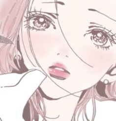 a drawing of a girl with pink hair and big eyes looking at the camera while holding her hand up to her ear