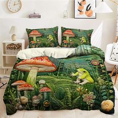 a bed covered in green plants and mushrooms