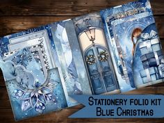 the stationery follo kit for blue christmas is displayed on a wooden table