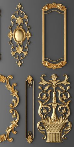 an assortment of ornate gold frames and ornaments