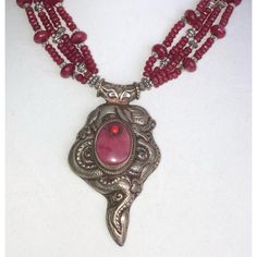 Made In Nepal Ruby Gemstones 4 Strands Of Ruby Beads (77.29 Cts) & Sterling & Other Silver Metals Necklace * Hand Carved Design On Front & Back Of Necklace Vintage Stone Necklace, Red Beaded Necklace, Whimsical Necklace, Sand Dollar Necklace, Pink Statement Necklace, Red Beaded Necklaces, Stamped Necklaces, Flower Statement Necklace, Ruby Beads