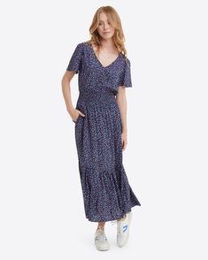 Patsy Midi Dress in Wildflower Ditsy – Draper James Casual Ruched V-neck Dress For Spring, Ruched V-neck Sundress Maxi Dress, Summer V-neck Ruched Dress, Casual V-neck Dress With Ruffle Hem For Summer, Summer Tiered Maxi Dress In Rayon, Summer Rayon Tiered Maxi Dress, Casual V-neck Flowy Maxi Dress, Flowy V-neck Midi Dress For Beach, Casual Flowy V-neck Dress For Day Out