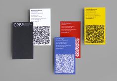 three different business cards with qr code printed on the front and back, along with an ad for cole