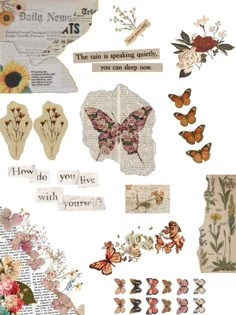 an assortment of butterflies, flowers and words are shown on top of a newspaper page