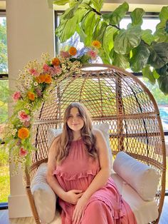 Adding floral to the chair gave it so much life Baby Shower Chair Ideas, Wild Flower Baby Shower Ideas, Whicker Chair, Backyard Living Room, Bridal Shower Chair, Savannah Gardens, Wicker Egg Chair, Backyard Baby Showers