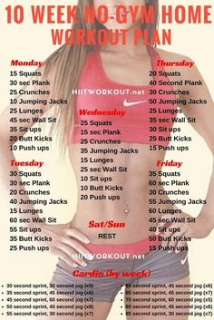 the 10 week no - gym home workout plan is shown in red and white, with an image of a woman's torso