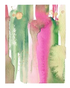 an abstract watercolor painting with pink, green and yellow colors on the bottom half of it