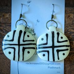 Nwt From My Craft Boutique Handcrafted Circle Ethnic Tribal Round Earrings On Fish Hook Wire 2" Vintage White Hand Painted Earrings, Vintage Hand Painted White Earrings, Nickel Free White Jewelry For Festivals, Nickel Free White Jewelry For Festival, Nickel-free White Jewelry For Festivals, Traditional White Plug Earrings As Gift, Traditional White Earrings With Ear Wire, Unique Hand Painted White Earrings, Nickel Free White Bohemian Earrings