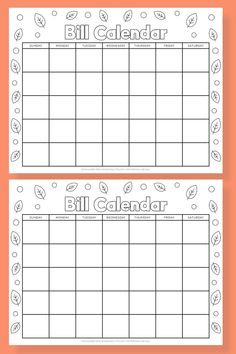 two calendars with the words bill calendar and leaves on them, both in black and white