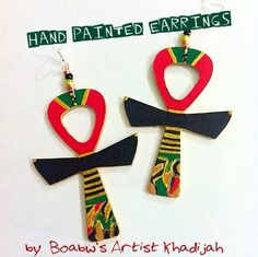 Hand painted with acrylic paints on lightweight wood glossed with a clear gloss for protection Size 3in long.. Handmade Ankh Earrings As Gift, Handmade Adjustable Ankh Earrings, Queen Key, Egyptian Earrings, Afrocentric Jewelry, Beautiful Energy, African Colors, Key Of Life, African Earrings