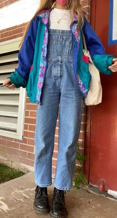 Overalls 80s Outfit, 80’s Overalls, 80s Outfits Overalls, 80s Overalls Outfit Vintage, Retro Overalls Outfit, 90s Overalls Outfit Women, Colorful Artsy Outfit, Patchwork Overalls Outfit, Overalls With Long Sleeve Shirt