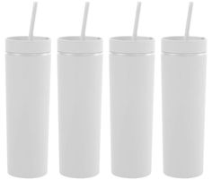 four white cups with straws in them