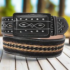 Cinturon de Piel TM-14143 Leather Belt Western Black Belt Buckles For Rodeo, Western Style Black Belt For Ranch, Black Concho Belt Buckles For Ranch, Black Leather Embroidered Belt Buckles, Black Concho Belt Buckles, Luxury Black Embroidered Belt, Western Black Embroidered Belt, Black Western Style Embroidered Belt, Western Black Belt Buckles With Removable Belt