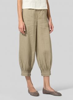 Linen Pleated Cuff Crop Pants Spring Linen Harem Pants With Loose Fit, Relaxed Linen Harem Pants For Loungewear, Linen Loungewear Harem Pants, Linen Bottoms With Pockets For Casual Gatherings, Solid Linen Harem Trousers, Loosely Fitted Linen Harem Pants, Solid Linen Ankle-length Harem Pants, Linen Wide-leg Harem Pants For Loungewear, Wide-leg Linen Harem Pants For Loungewear