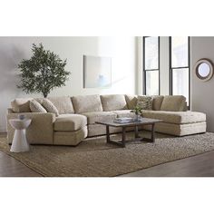 a living room scene with focus on the couch and coffee table