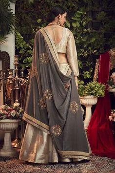 Shop for Ranian Beige Silk Tissue Lehenga Set With Steel Grey Dupatta for Women Online at Aza Fashions Tissue Lehenga, Grey Anarkali, Grey Dupatta, Marriage Clothes, Lengha Blouse Designs, Lehenga Anarkali, Velvet Dupatta, Ridhi Mehra, Zardosi Embroidery