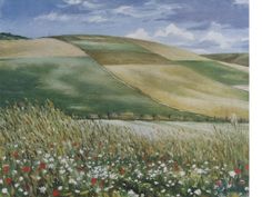 a painting of a field with flowers and hills in the background